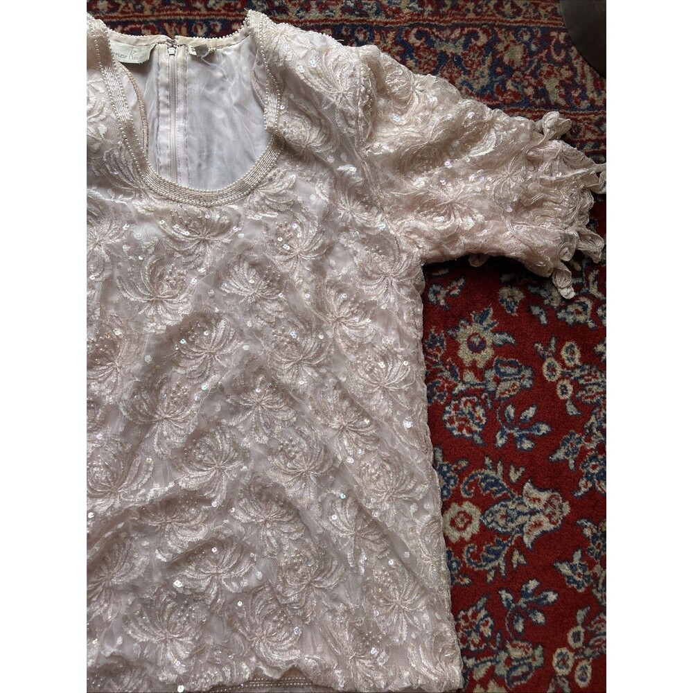 Vtg Lawrence Kazar Lace Maxi Dress Pink Beaded Sequin Cocktail Evening Large NYE